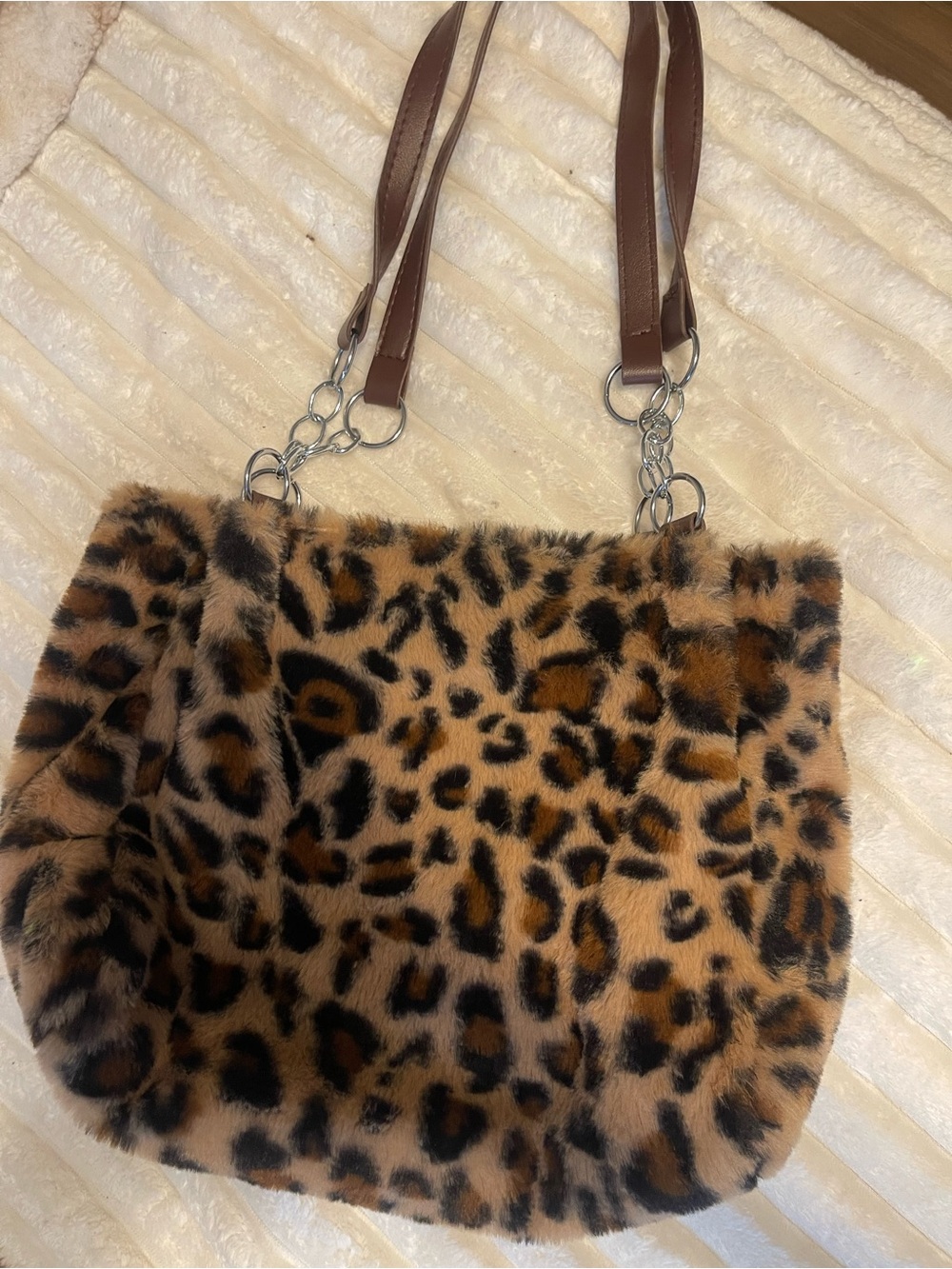 Faux Fur Leopard Print Shoulder Bag - Brown